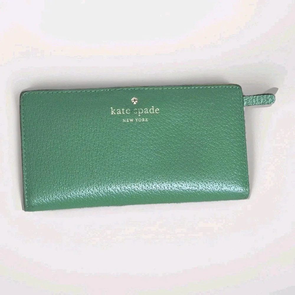 Kate Spade New York Darcy Slim Bifold Wallet Designer Green Leather Snap Zipper